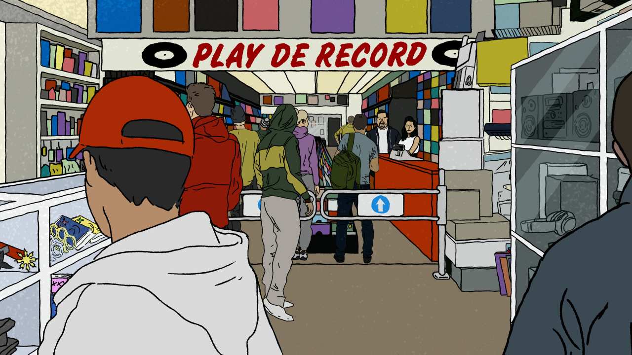 an illustration of a crowd in a record store